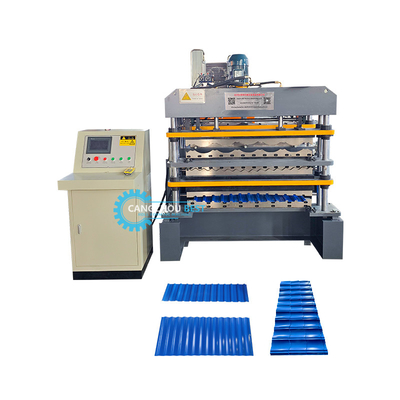 Controllo PLC in acciaio a colori Tre funzioni Tripli strati di fogli di rooing Profile Roll Forming Machine